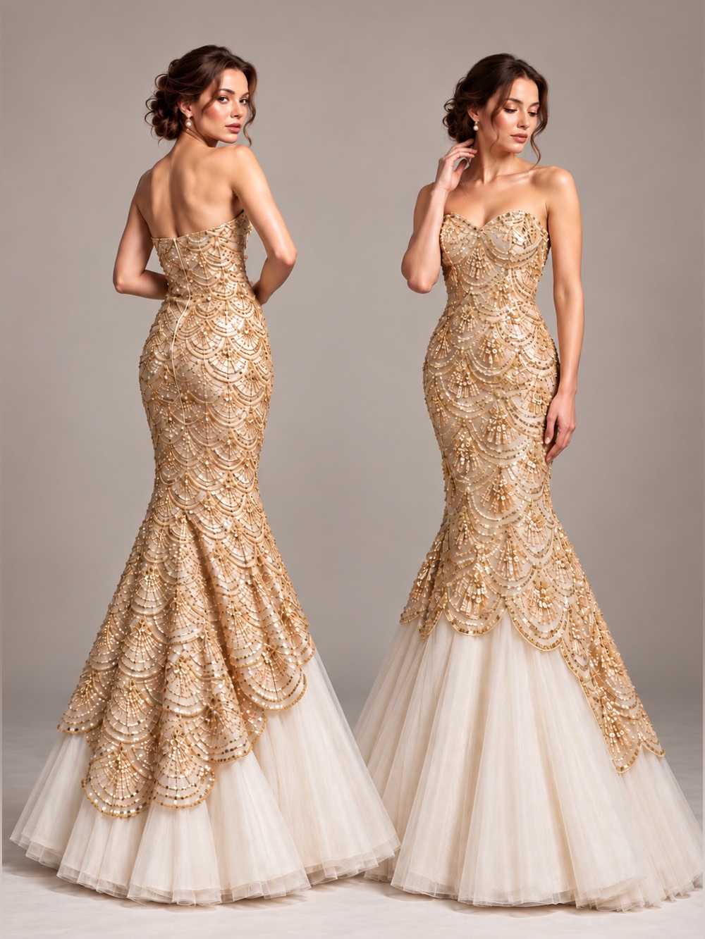 Sherri Hill Gold Sequin Beaded Mermaid Gown Scallop Prom Wedding Bridal Art Deco